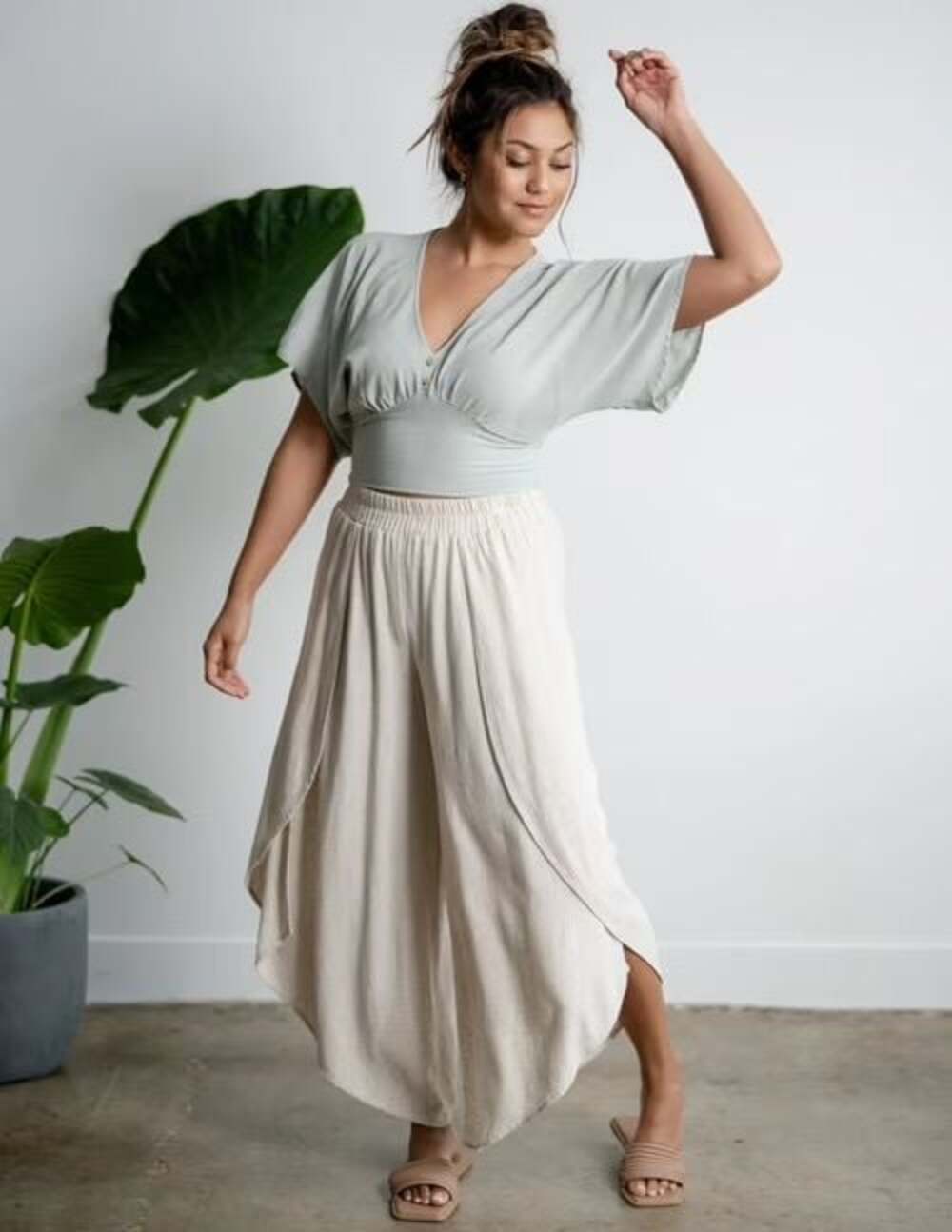 Sozy Soft & Cozy Linen Blend Clementine Pant Asymmetrical Hem Beige Medium